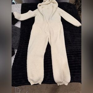 White Teddy Fleece Hooded Onesie | Cozy Lounge | Size Medium